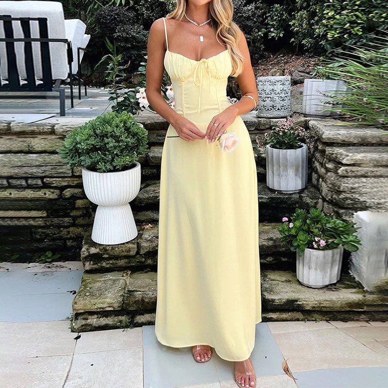Trendy Solid Color A-Line Dress with Tie Straps