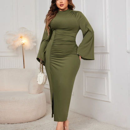 Solid Color High Neck A-Line Maxi Dress with Belt