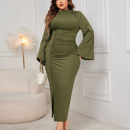 Solid Color High Neck A-Line Maxi Dress With Belt