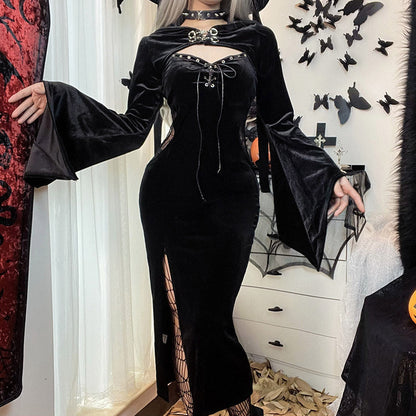 Dark Aesthetic Hooded Bell Sleeve Spider Web Dress