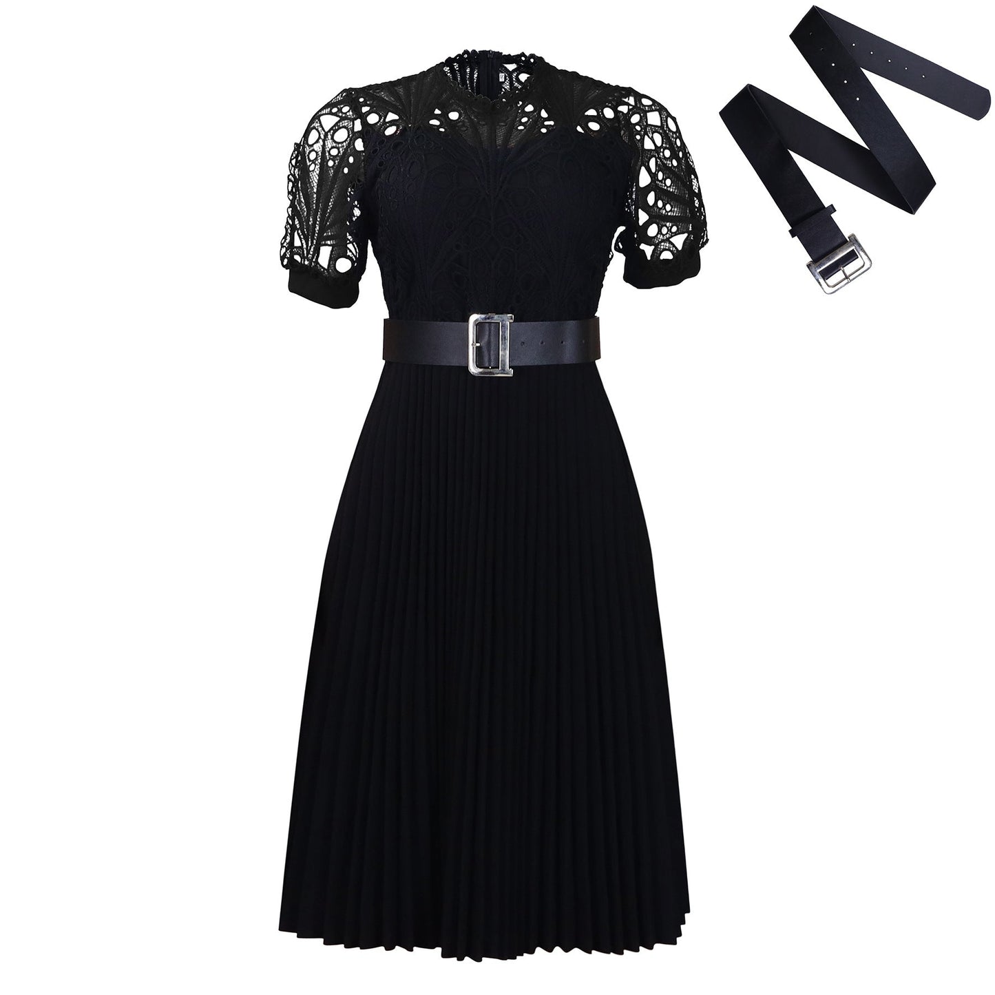 Elegant Lace Trim Short Sleeve A-Line Dress