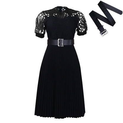 Elegant Lace Trim Short Sleeve A-Line Dress