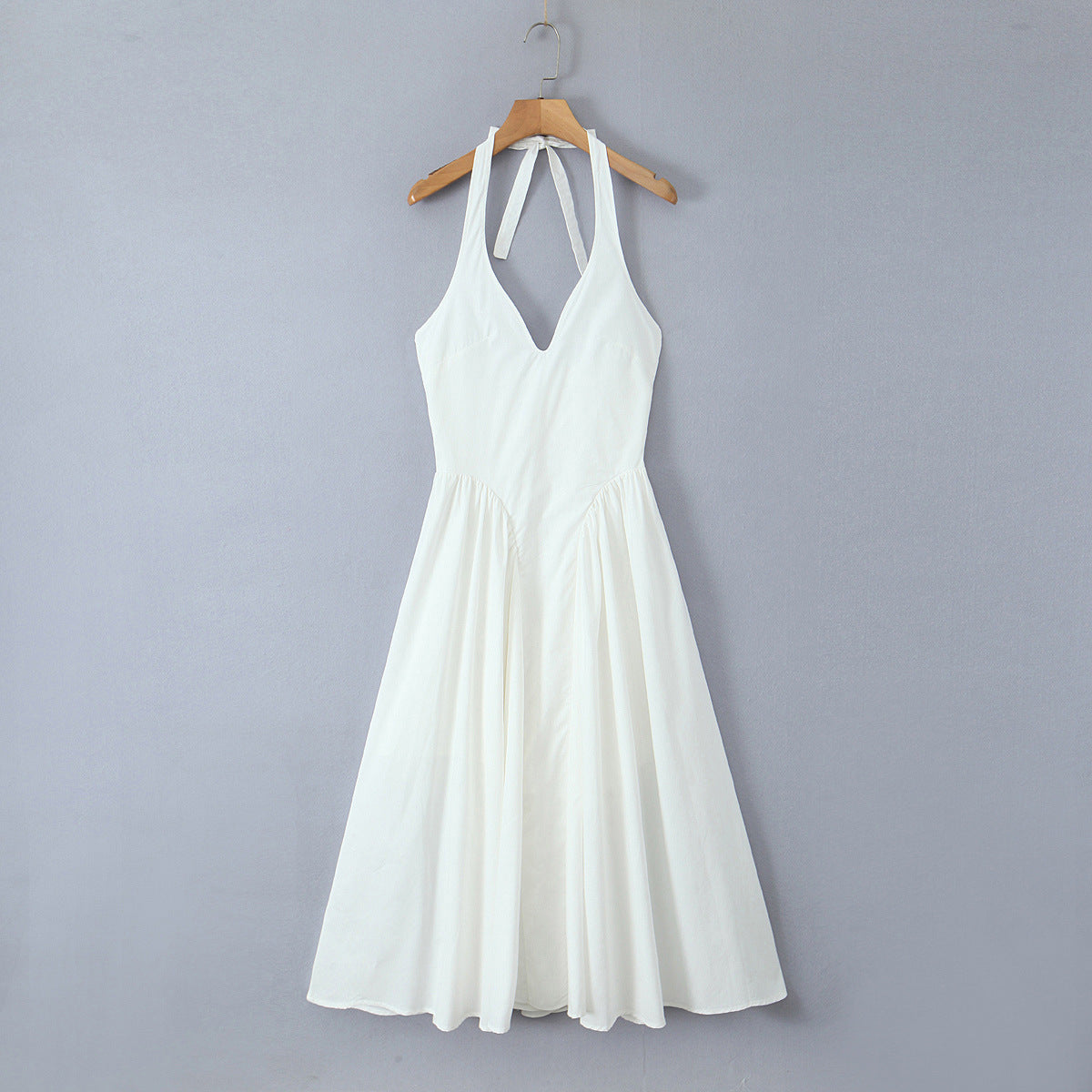 Solid Color Halter V-Neck Ruffle Maxi Dress