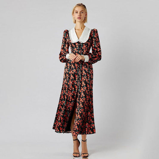 Elegant Floral Long Sleeve Dress with Peter Pan Collar