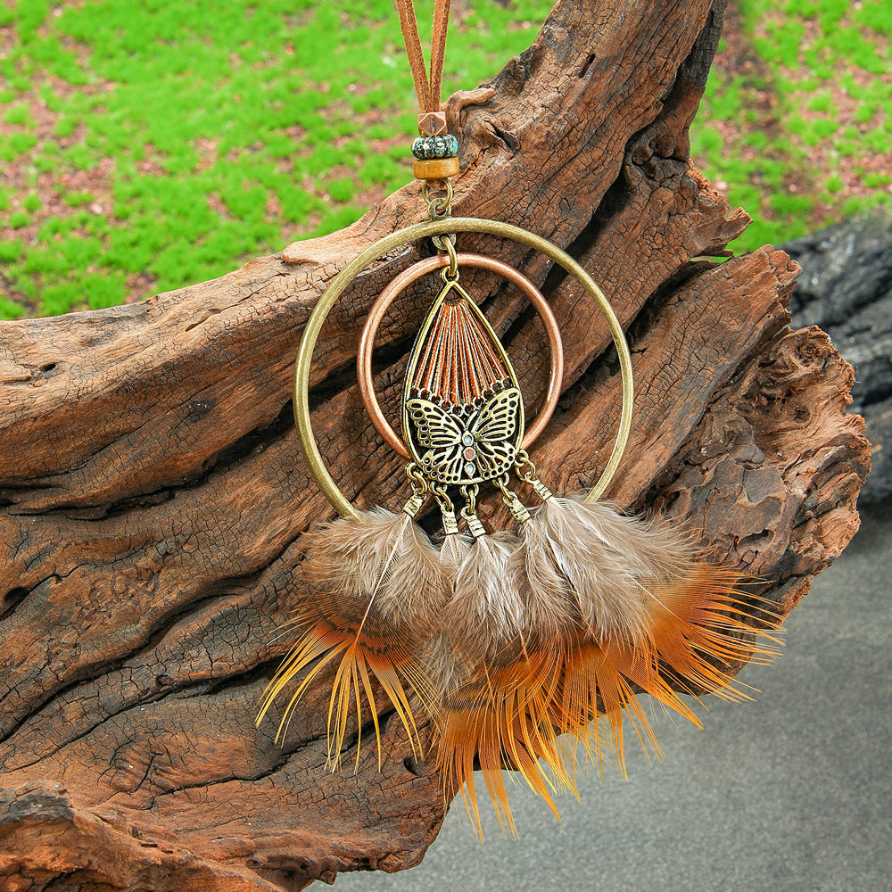 Colorful Feather Pendant Necklace Bohemian Style Butterfly Jewelry