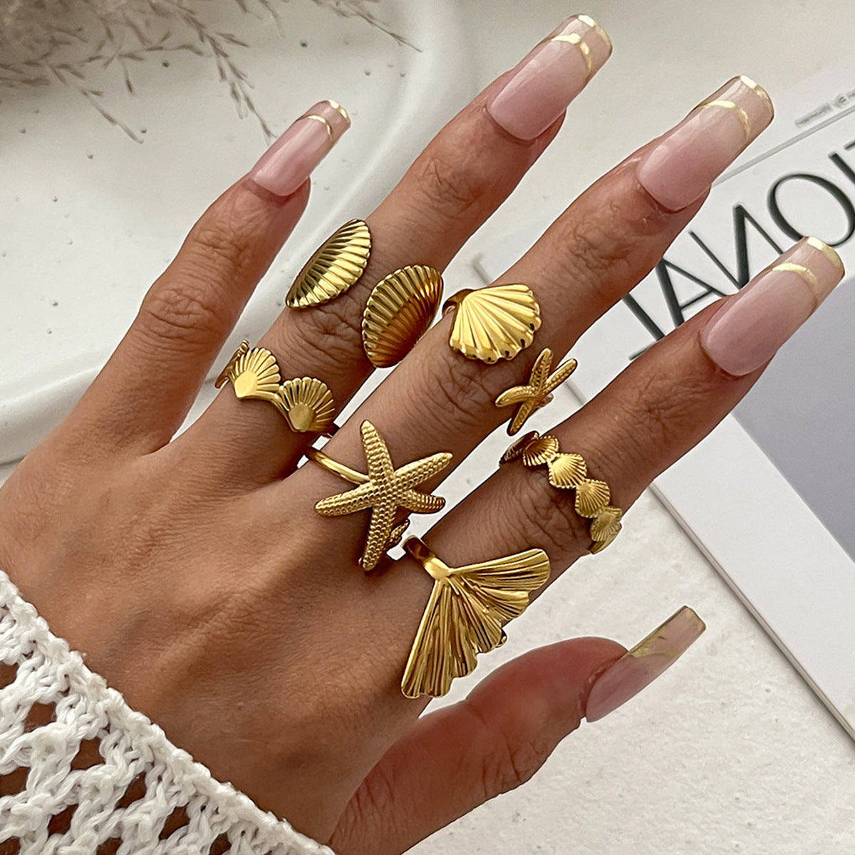Starfish Shell Metal Ring Set Trendy Fashion Jewelry