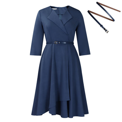 Elegant V-Neck Solid Color A-Line Dress With Belt
