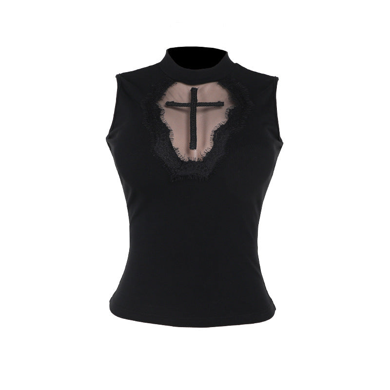 Women's Casual Cross Design Black Tank Top