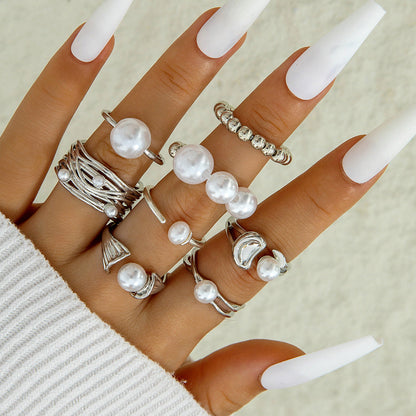 Irregular Pearl Ring Set Trendy Gold Retro Geometric Statement Rings