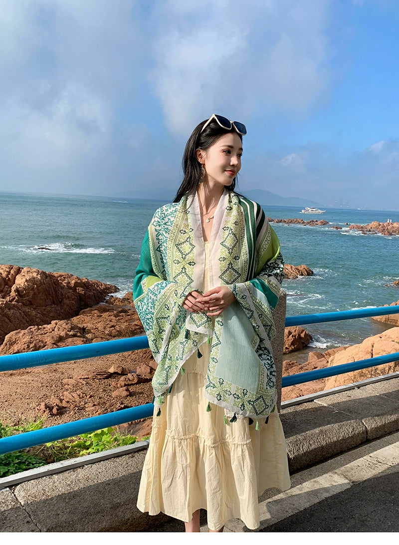 Fresh Green Ethnic Style Silk Scarf Women'S Summer Sunscreen Dual-Purpose Large Shawl Beach Towel Thin Cotton And Linen Scarf Yarn
