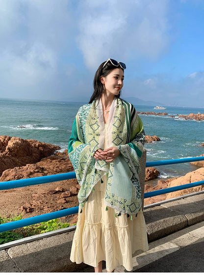 Fresh Green Ethnic Style Silk Scarf Women'S Summer Sunscreen Dual-Purpose Large Shawl Beach Towel Thin Cotton And Linen Scarf Yarn