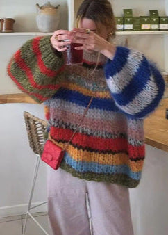 Oversized Lightweight Knit Sweater With Multicolor Stripes