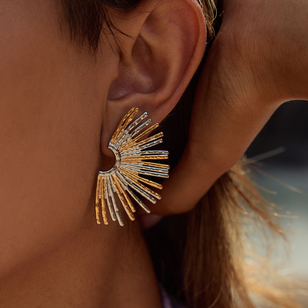 Vintage Gold Fan Shaped Stud Earrings