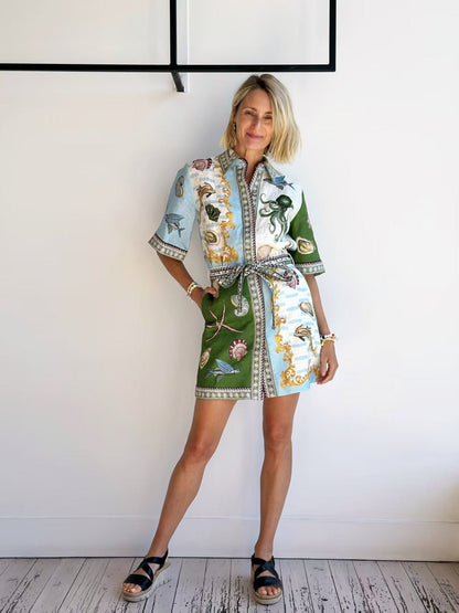 Fashionable Linen Shirt Dress with Animal Print for Casual Elegance