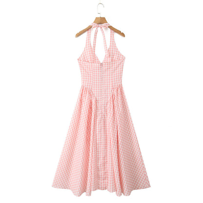 Sexy V-Neck Halter Plaid Maxi Dress