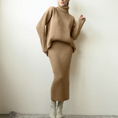 Ribbed Knit Turtleneck Sweater Midi Skirt Set
