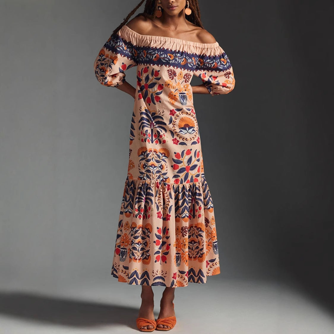 Retro Floral Off-Shoulder Pocket Maxi Dress for Women