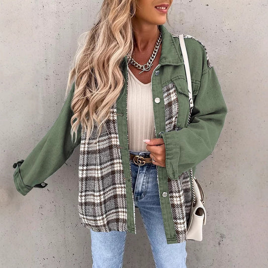 Vintage Color Block Plaid Long Sleeve Jacket