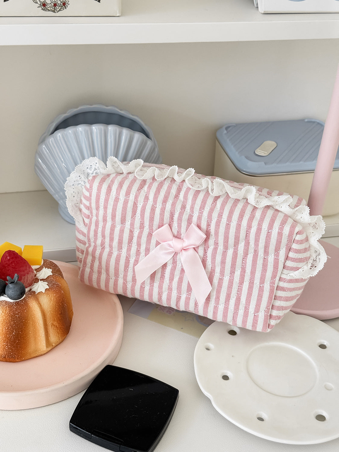 Pastel Striped Lace Storage Pouch Cute Fresh Style