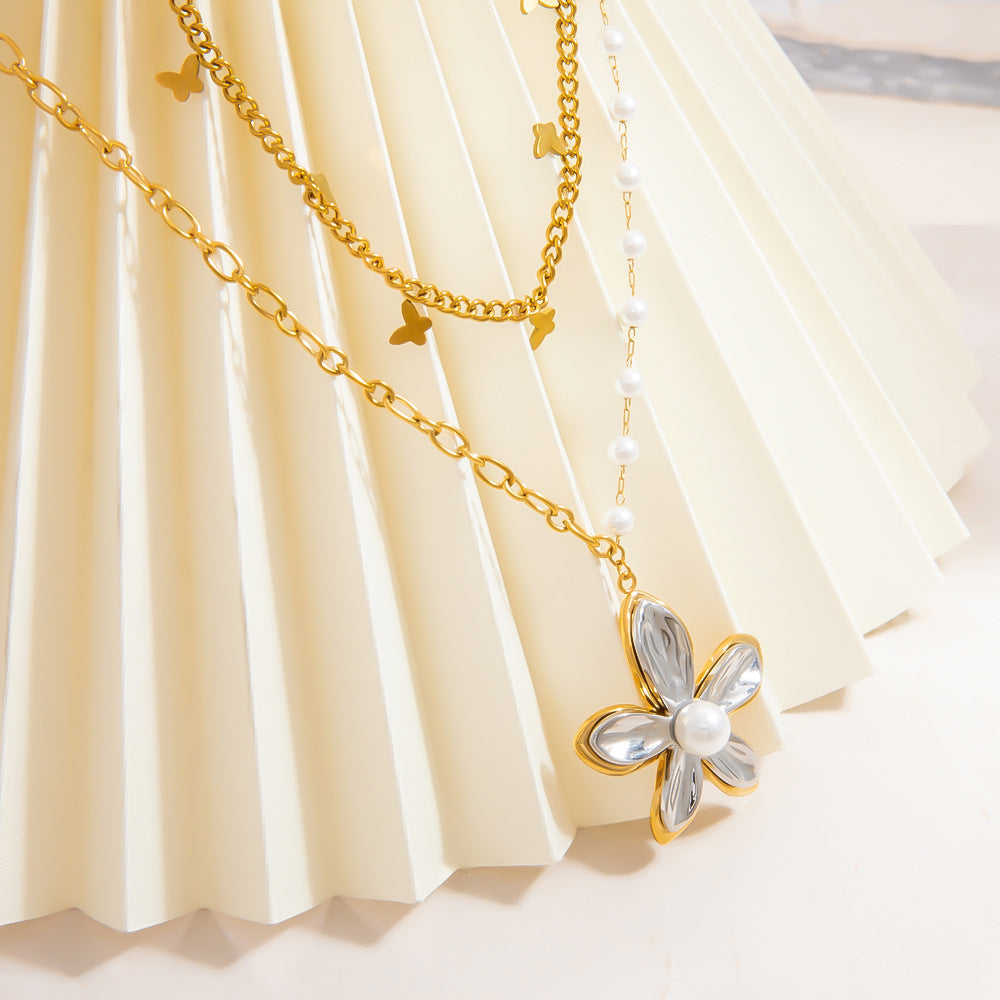 Geometric Pearl Pendant Necklace Stainless Steel 18K Gold Layered Design