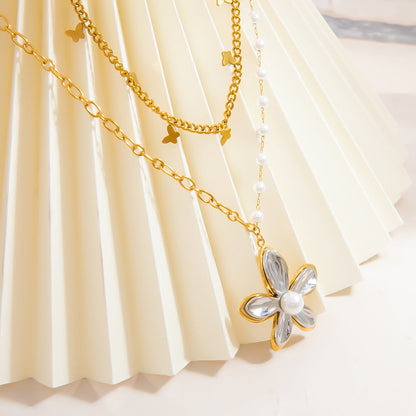 Geometric Pearl Pendant Necklace Stainless Steel 18K Gold Layered Design