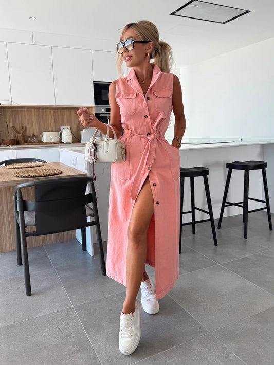 Casual Long Denim Dress With Belted Waist
