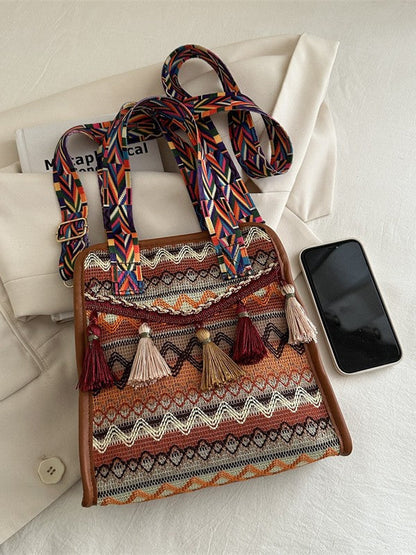 Ethnic Style Tassel Shoulder Bag Trendy Chic Fabric Crossbody Bag