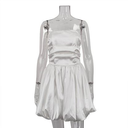Sweetheart Strapless White Satin Dress with Ruffles