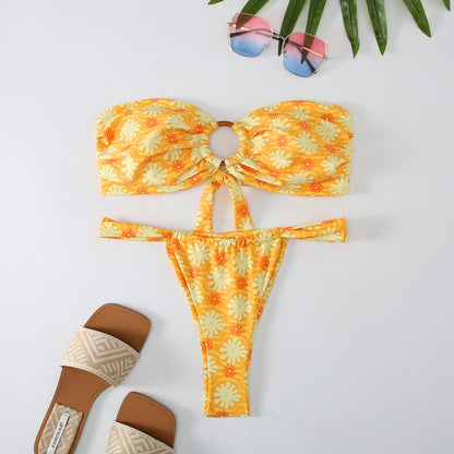 2PCS Flower Print Strapless Sexy Swimwear