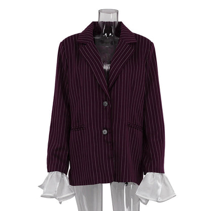 Burgundy Striped Blazer with Bell Sleeves for Women