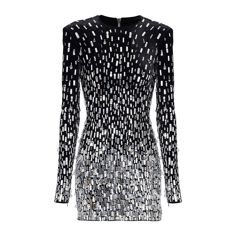 Sequined Velvet Long Sleeve Dress Casual