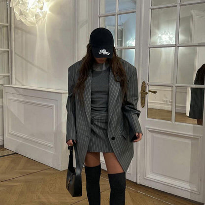 Striped Blazer And Skirt Set Chic Casual Polyester Outfit