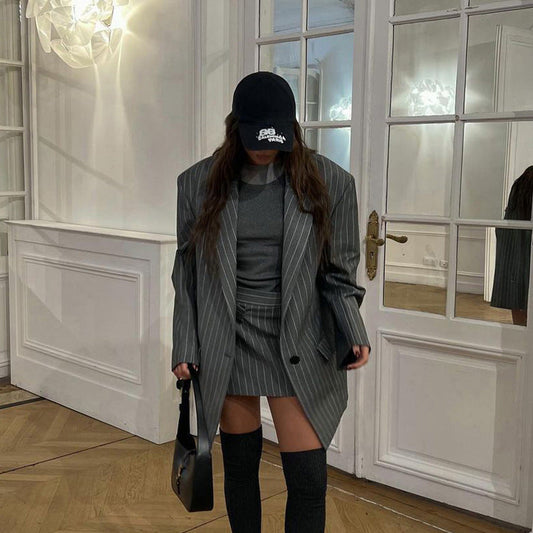 Striped Blazer And Skirt Set Chic Casual Polyester Outfit