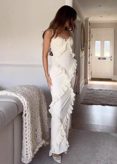 Ruffled Corset Gown With Pleated Cups In Apricot
