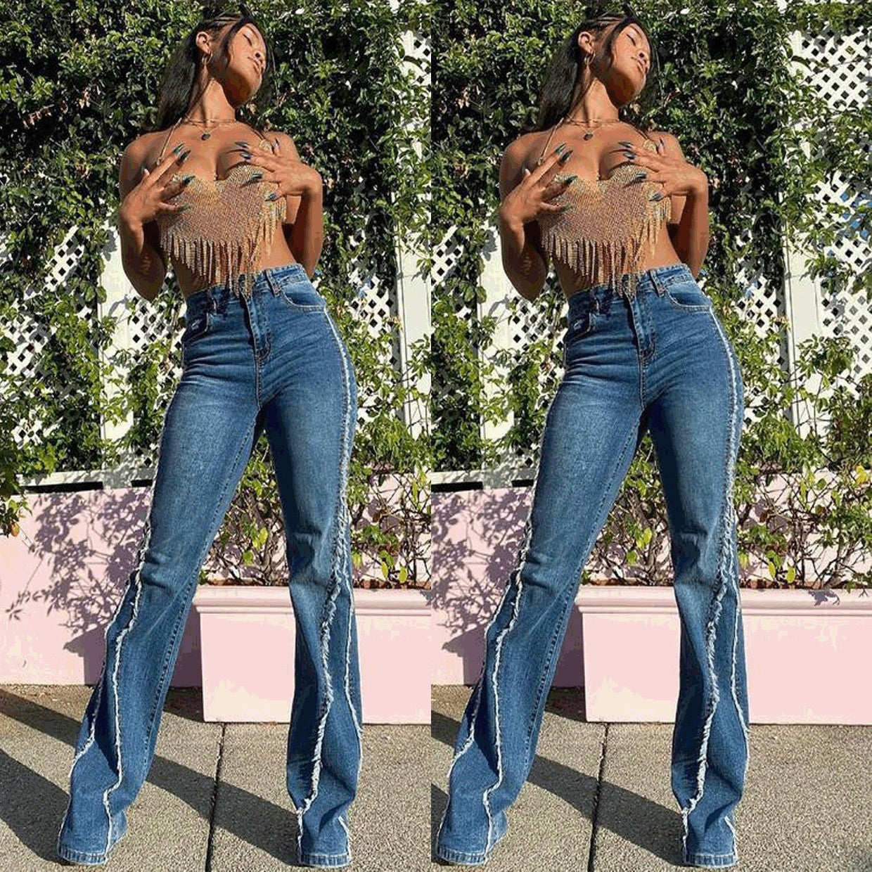 High-Waisted Distressed Denim Straight Leg Jeans