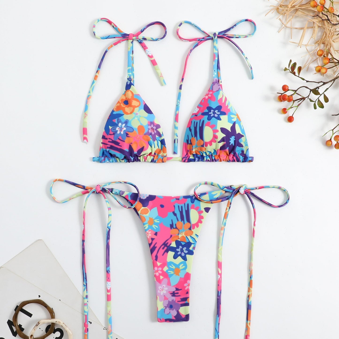 Print String Tie Backless Spaghetti Swimwear