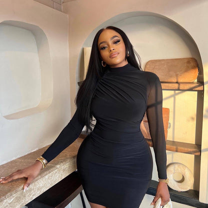 Solid Color Round Neck Long Sleeve Bodycon Dress