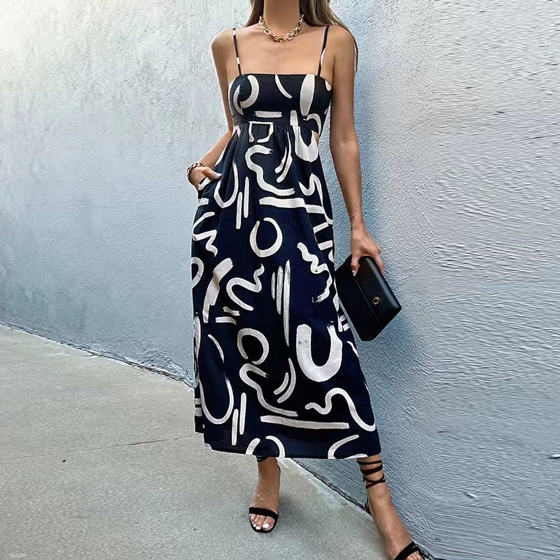 Women'S Summer Fashion Print Waist Suspender Dress