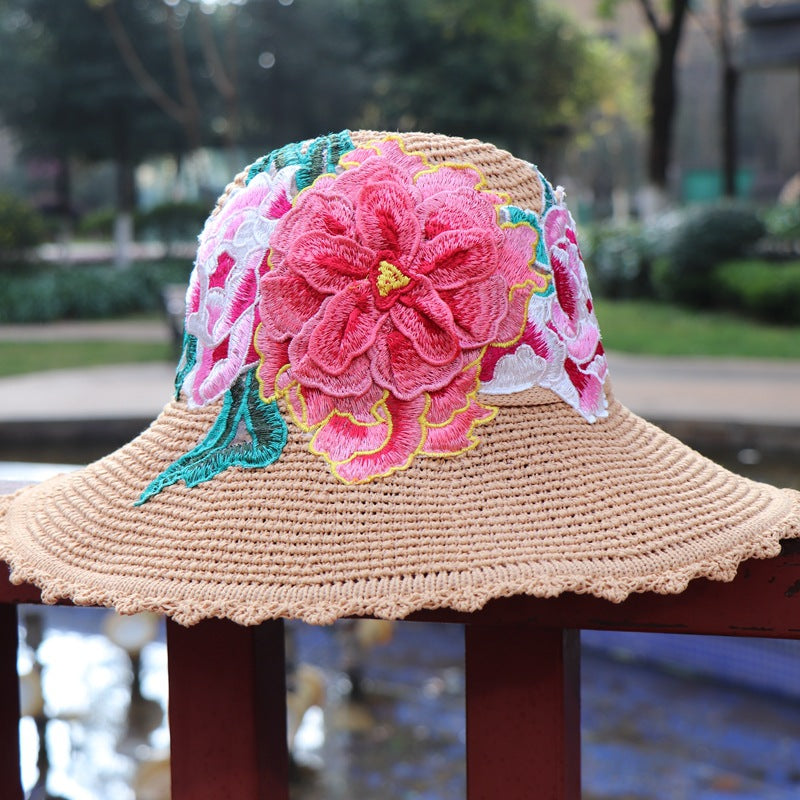 New Ethnic Style Embroidery Big Brim Hat Sun Visor Hat 3D Flower Hat Women'S Embroidery Hat