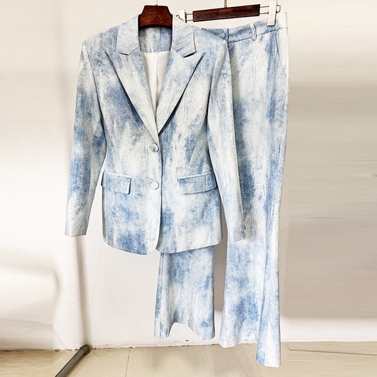 Abstract Print Cotton Blazer And Trousers Set Stylish Casual Outfit