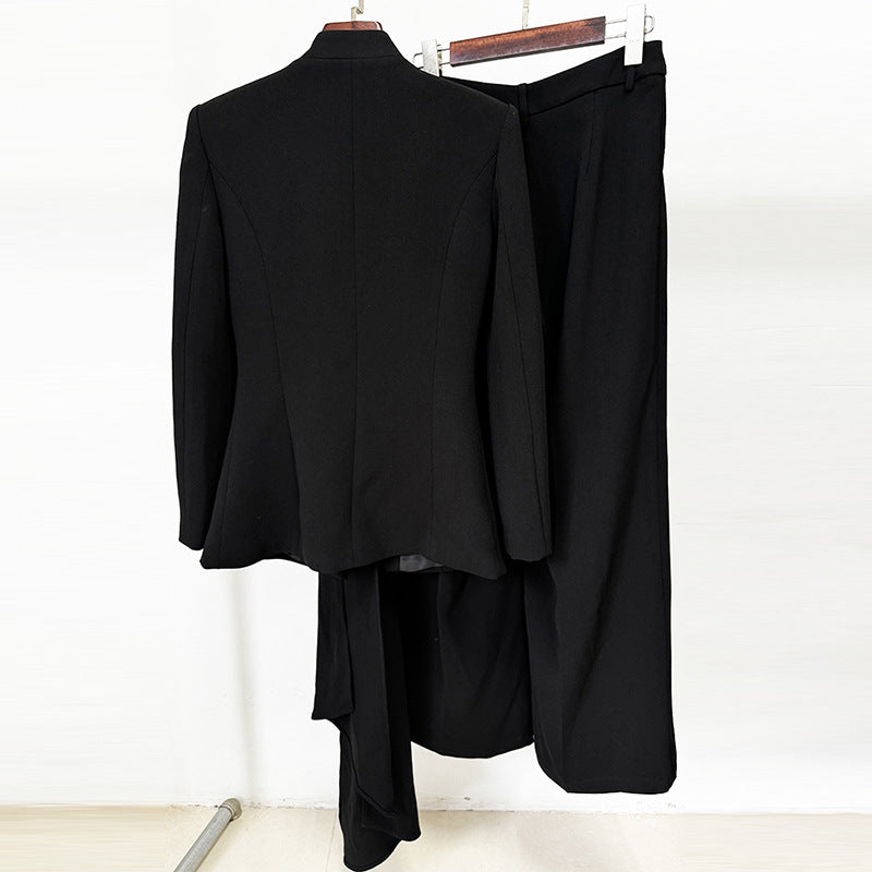 Stylish Pleated Collar Blazer And Straight Leg Pants Set