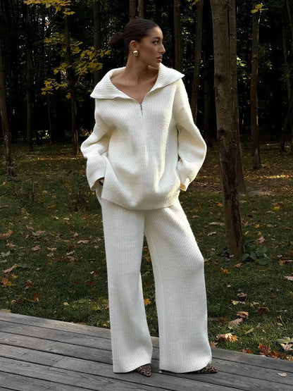 Half-Zip Knitted Sweater Set for Women Casual Chic Wide-Leg Pants
