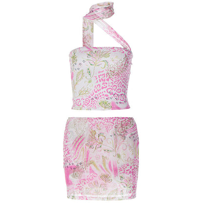 Trendy Pink Floral Print Crop Top And Skirt Set