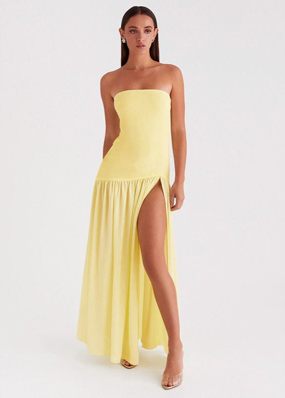 Strapless Yellow Maxi Dress With Side Slit