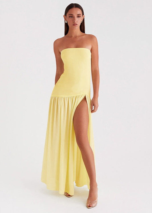 Strapless Yellow Maxi Dress With Side Slit