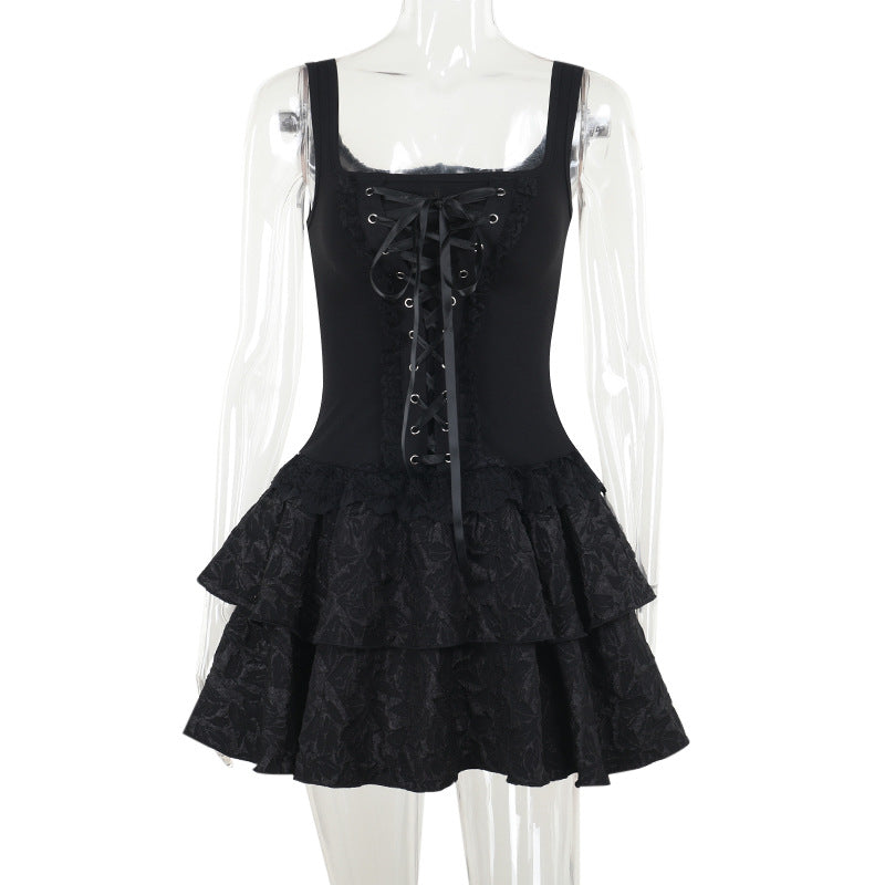 Black Sleeveless Bodycon Mini Dress with Square Neck and Lace Up Details