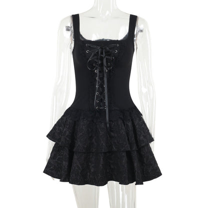 Black Sleeveless Bodycon Mini Dress with Square Neck and Lace Up Details