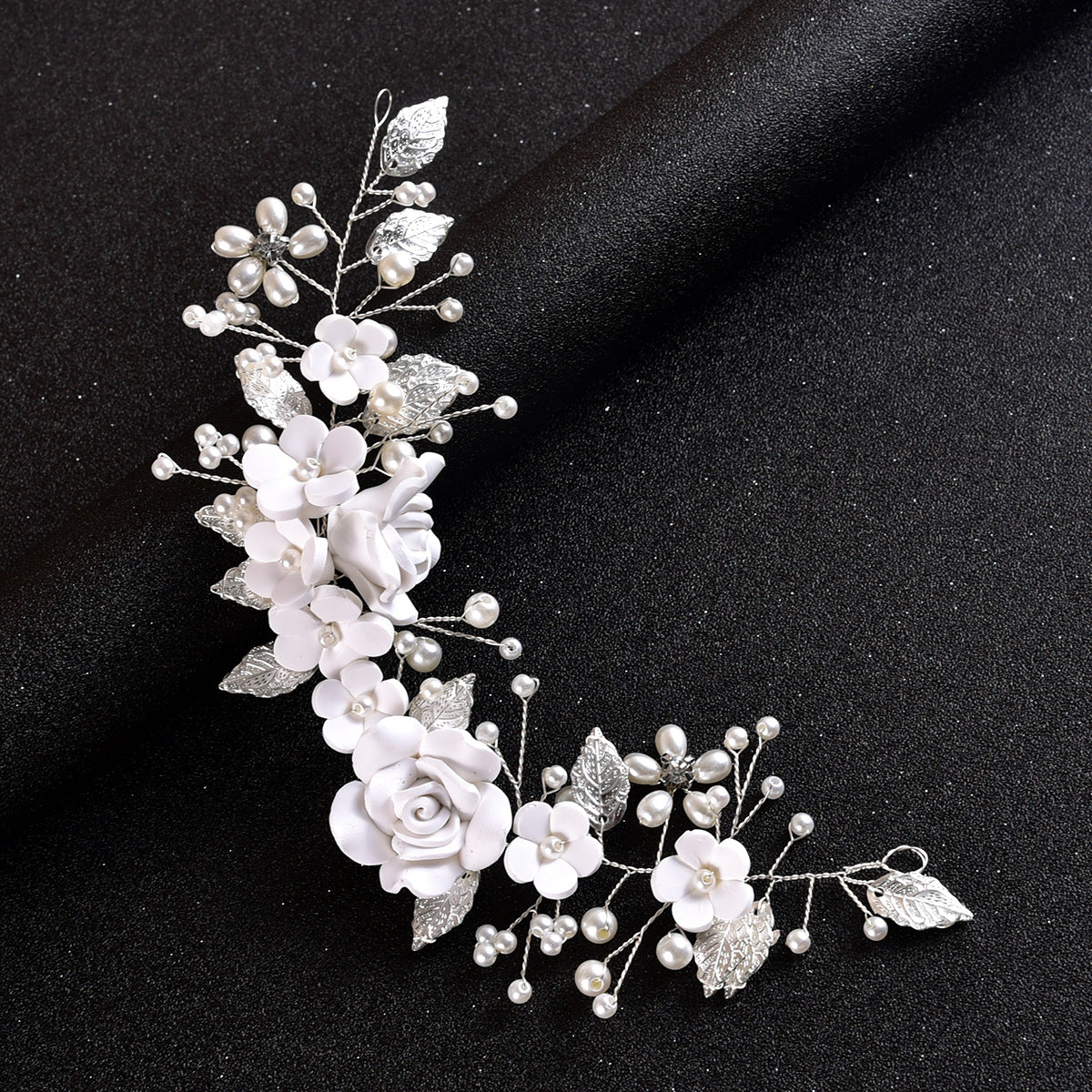 White Soft Clay Flower Headband with Silver Alloy Leaves for Weddings