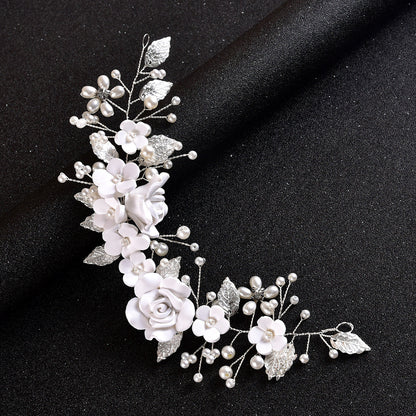White Soft Clay Flower Headband with Silver Alloy Leaves for Weddings