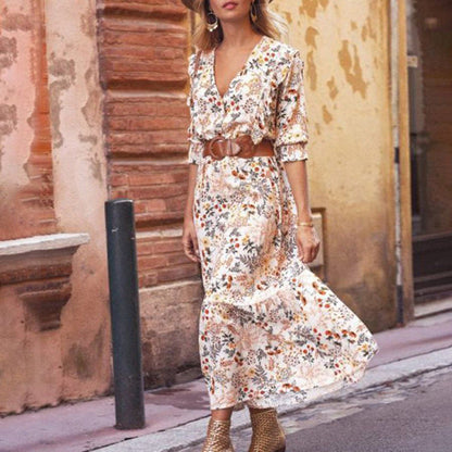 Women'S Stylish Long V-Neck Mid-Sleeve Floral Dress